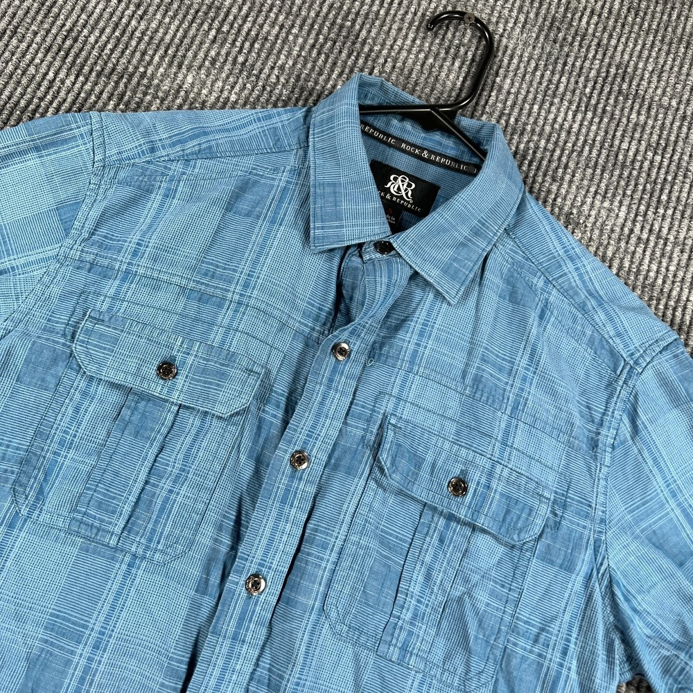 Rock Republic Shirt Mens Small Blue Plaid Short Sleeve Button Up Casual‎ Comfort